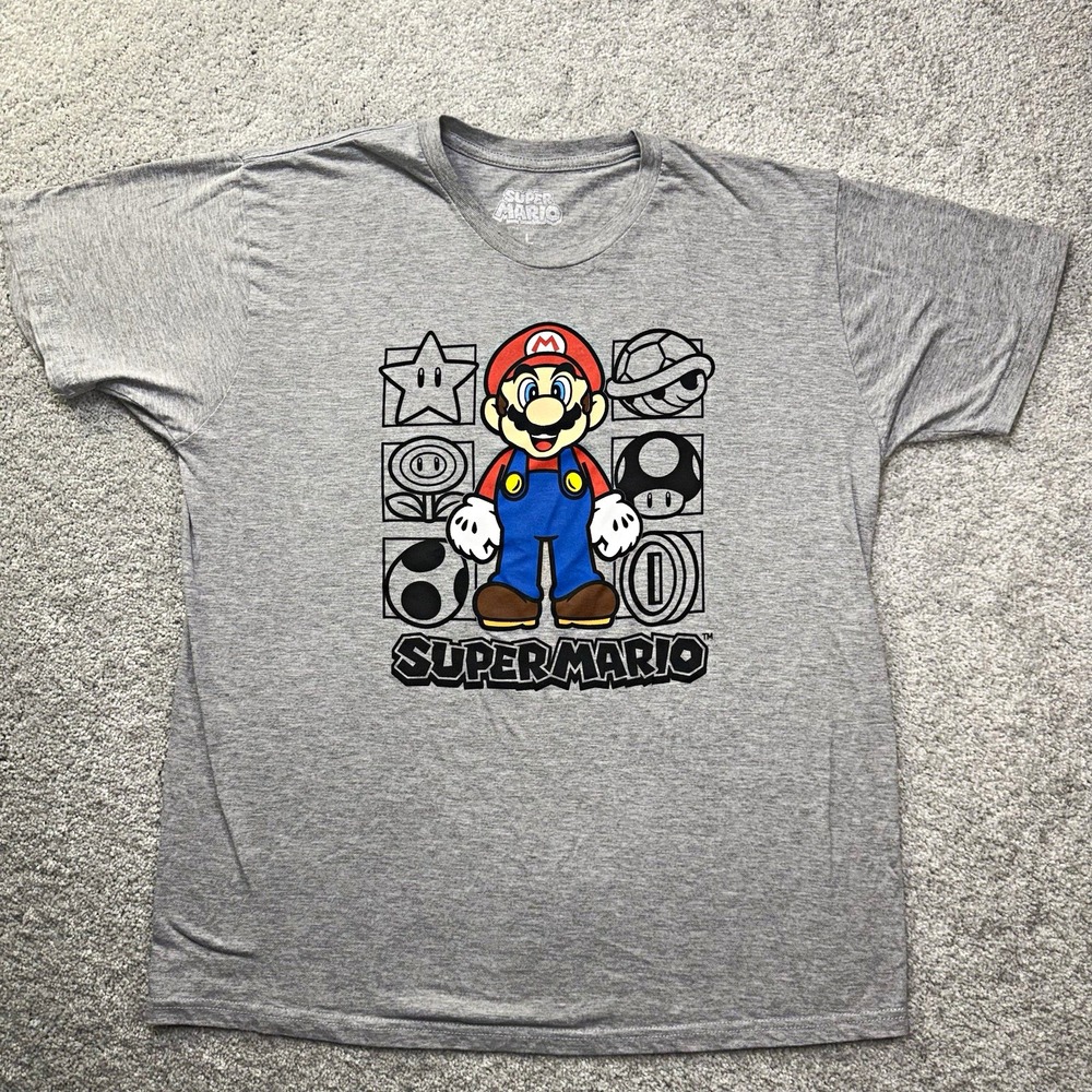 Super Mario T-Shirt Mens Large Gray Graphic Tee Nintendo Video Game Character